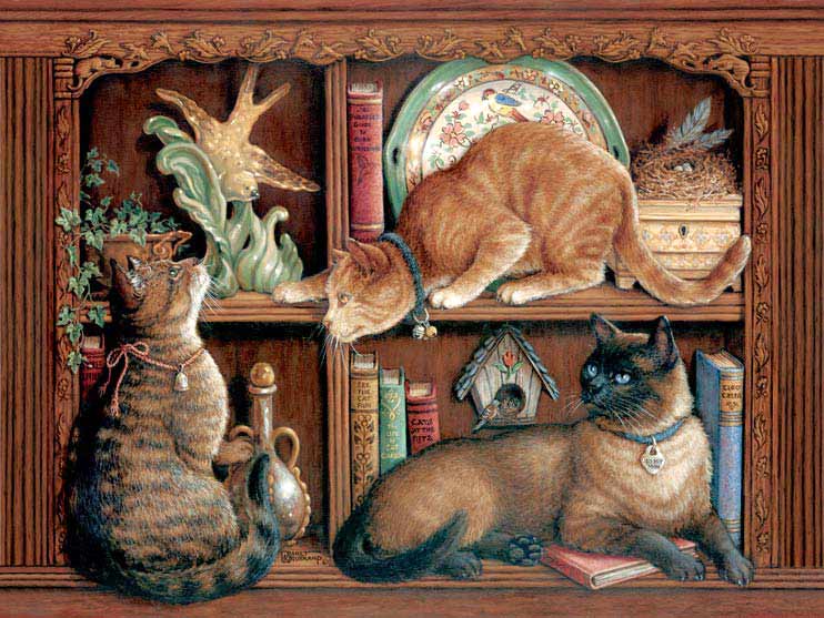 The Birdwatchers, a painting by Janet Kruskamp depicting three cats on two bookshelves, two cats stalking a ceramic bird, part of the Cat Paintings Gallery of original oil paintngs by Janet Kruskamp.