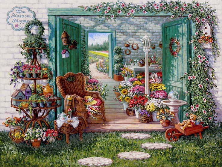 Janet Kruskamp's Paintings - The Blossom Shoppe, a painting of a flower shop in front of the flower fields in the distance outside the open back door. Flowers frame the open double doorway to the shoppe as vines on the wall and many, many containters on a round multi-tier display next to the door. A gazing ball sits inside the open door leading into the shoppe. One of the Gardens and Florals Gallery of Original Oil Paintings and  original paintings by Janet Kruskamp