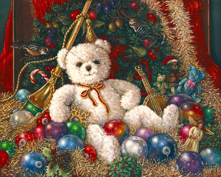 The Christmas Bear, a new holiday painting from Janet Kruskamp. A smiling, fuzzy white bear reclines amidst holiday splendor. Languidly reclining on a bed of tinsel garlands, ornaments, musical toys and an angel, our bear's sole decoration is a thin holiday ribbon in red and gold tied in a bow around it's neck. The background is decorated in fruit, birds, teddy bear ornaments and evergreen boughs. The bear cradles an elaborate gold star ornament under it's right arm. Another beautiful holiday bear painting from Janet Kruskamp.