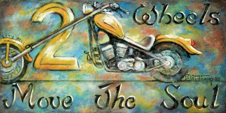 Two Wheels Move the Soul, a painting from artist Janet Kruskamp, shows a yellow colored chopper motorcycle with extended front fork. Flared funders and a custom seat pitched up toward the high handlebars complete the cycle. The mottled background of blues,yellows and browns shows rusty wear on the right side. This new painting is available directly from the artist.