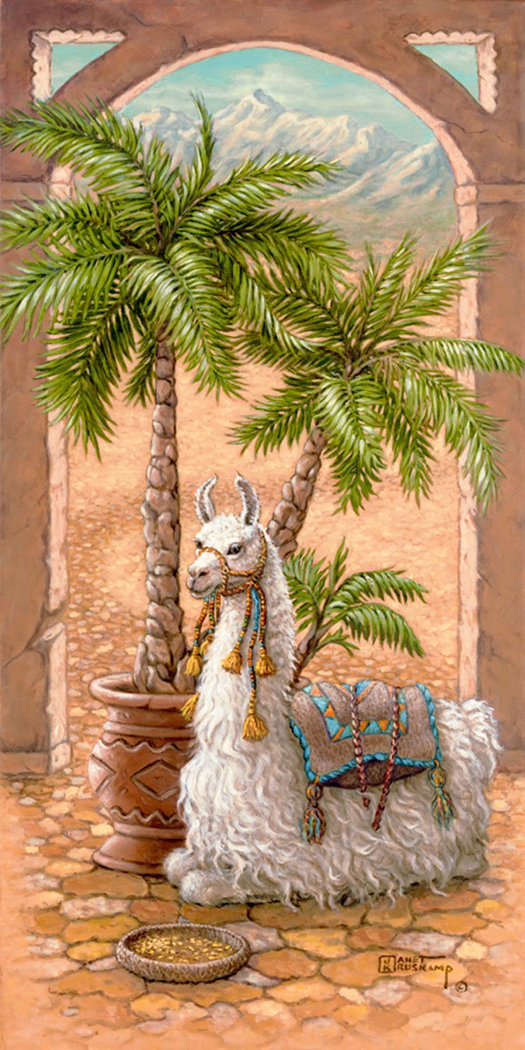 White Llama 1, a painting of a white llama sitting in a royal courtyard next to a potted palm, one of Janet Kruskamp's Original Oils, ,  by artist Janet Kruskamp