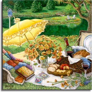 A Lazy Daisy Afternoon by painter Janet Kruskamp. A light yellow parasol leaning on its side highlights this picnic ready to commence. The french bread and cheese from the picnic basket have been sliced, the red wine has been poured. A handmade quilt cascades out of a basket with a favorite book holding down the bottom edge. A clear glass vase holds fresh cut daisies, with more daisies laying along the edge of the white blanket holding the picnic. The well manicured grounds continue down to a still pond. A small island accessible by a small bridge holds a couple of garden chairs, and a blue birdhouse sits atop a white pole behind the picnic spread. Own your own high quality giclee of this original oil painting by artist Janet Kruskamp.