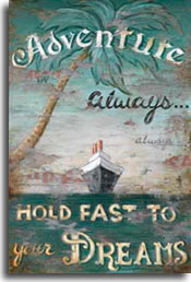 Adventure, a wonderful vintage travel poster from artist Janet Kruskamp. The majestic liner in the center, heading directly for you, grabs your attention as it steams upon a flat green sea. The words 'Adventure - Always hold fast to your Dreams' decorate this weathered and worn poster. A stately palm tree curves up and over the foreground from the left side, light green leaves forming a background for the headline ADVENTURE. The appearance of this poster is more worn than most. Parts of the paint have worn completely off on either side of the ship.
