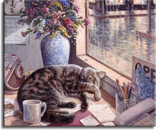 After Hours, a painting by Janet Kruskamp showing a tabby cat sleeping on a desk with rolodex, coffee mug, blue vase with colorful flowers and a telephone. A window shows the rainy world outside and a closed sign - Cat Paintings Gallery -  original paintings, by Janet Kruskamp.