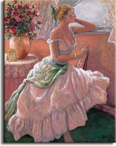 Anticipation, a beautiful original oil painting by painter Janet Kruskamp, available as an Original Oil Painting in various sizes hand by the artist. A beautiful woman, with blonde hair carefully arranged up on her head, clothed in a gorgeous light colored gown with a large scarf tied around her waist. She sits sideways on a chair looking longingly out the window, her left elbow resting on the high window sill. An ornately framed photo sits next to a large vase of roses on a small round table behind her. A wine glass sits in front of the woman in the draped window sill. You can own an enhanced and hand-signed reproduction of this lovely painting of your very own.