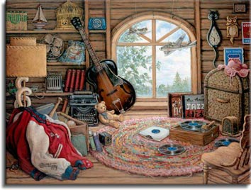Attic Treasures, a painting of an attic window framed by many memorable items including an old 78rpm phonograph with records, a guitar, school letter jacket, model planes hanging from the ceiling and many items on the shelves and wall. From Janet Kruskamp's Interior and Exterior Scenes Paintings Gallery, offering original oil paintngs by Janet Kruskamp.
