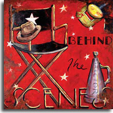 Behind the Scenes is another bold red poster in the vintage movie poster collection by artist Janet Kruskamp. Incorporating stylistic elements to represent the star of the movie (the high folding chair with the star on the back with the male star's fedora style had sitting on the front of the arm), the director (the old fashioned megaphone with Director written on the side) and the crew (studio light in the uppper right corner, lit with barn doors open), this weathered look poster is decorated by stars and the text BEHIND THE SCENES. This poster would be perfect for the wall of your home cinema.