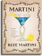 Blue Martini, an original oil or acrylic on canvas painting by artist Janet Kruskamp showing a clear twisted double stem martini glass with a sliced lemon, stirrer and lemon twist. The recipe for a blue martini is printed next to the glass.