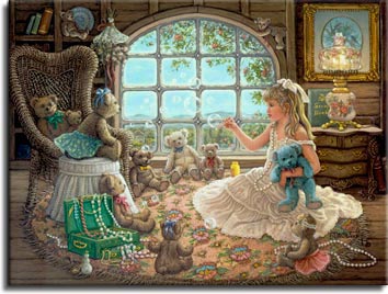 Bright Visions, a painting of a beautiful little blond girl playing dress up and blowing bubbles for her teddy bears in the attic, one of Janet Kruskamp's Paintings in her Figure and Genre Gallery - original oil paintngs by Janet Kruskamp.