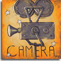 Camera, another nostalgic movie poster from artist Janet Kruskamp. The golden weathered background, brighter in the middle and darkening to the corners, has a scattering of stars representing the real stars of Hollywood, the actors. This vintage motion picture camera, mounted on a pole, is the instrument that captured our favourite actors and actresses for all time, for us to enjoy again and again. The motion picture camera is Hollywood.