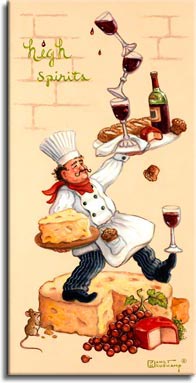 Whimsical Chef High Spirits, one of a set of four original oil paintings by artist Janet Kruskamp depicting a whimsical chef in a white chef jacket, blue striped pants and a bright red scarf tied around his neck. In this painting, the chef's right leg is balanced on a giant wheel of cheese, a large slice of which is balanced on a serving platter in his right hand. His right foot balances a glass of red wine, while his left hand holds a larger white platter with a mostly full bottle of red wine, three full wine glasses impossibly balanced on top of each other. The platter also offers a fancy loaf of bread, muffins and a small wheel of cheese, the red wax shell showing the cheesy center with a perfect wedge cut out. A small brown mouse nibbles on the edge of the giant cheese platform, in the wheel's cutout is a bunch of dark red grapes and a larger red wax cheese wheel cut open. This highly detailed painting is available as an original oil or acrylic on canvas painting by the artist Janet Kruskamp.