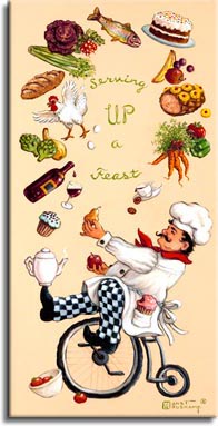 Whimsical Chef Serving Up a Feast, one of set of four posters featuring the whimsical chef. This one features the chef and his magical juggling act, keeping all the courses of a feast fit for a king in the air simultaneously, all while balanced on an old style bicycle with the large wheel on the front. Leaning back, the chef has his left foot on the pedal, and his right foot balancing a ceramic coffee pot. Circling in the air are: a bunch of carrots with red and green peppers; a baked ham studded with pineapple; a banana and an apple; a two layer frosted chocolate cake; a rainbow trout; purple cabbage; radishes and celery; a loaf of french bread; a live white chicken, squash and artichokes; a bottle of red wine dripping into a half full wine glass; and a frosted cupcake. The chef holds a pear and an apple in his hands, his pocket holds a pink frosted cupcake with a bite out of it. A small white bowl at the base of the bicycle holds plump red tomatoes. This tasty painting is available for purchase as an original oil or acrylic on canvas painting by the artist Janet Kruskamp.
