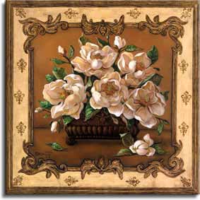 Classical Magnolia, a lovely painting of an arrangement of magnolia blossoms in a square vase. The blossoms are so large the vase, which sits on a shelf against a brown wall, is mostly obscured by the five opened flowers in the arrangement. An unopened flower sits on the shelf next to the vase. The wonderful border around this painting, with intricate scrollwork in the corners and a fleur de lis type pattern, gives the illusion of looking in through a beautiful window, framed by the border. This is a new giclee , personally enhanced and by artist Janet Kruskamp.