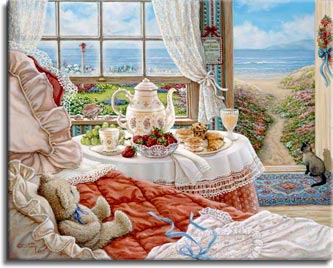 Janet Kruskamp's Paintings - Cottage by the Sea, a painting depicting the interior of a room of the seaside cottage, the open door beckoning the unoccupied room down the path to the seashore. A Siamese cat sits at the door waiting, along with her brown teddy bear on the bed, for her young mistress to return. The table next to the bed is set with fresh strawberries and grapes, along with pastries and tea. One of the Gardens and Florals Gallery of Original Oil Paintings and  original paintings by Janet Kruskamp