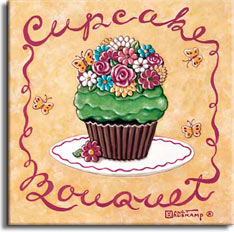 Cupcake Bouquet, another Cupcake poster from painter Janet Kruskamp. This cupcake features an incredibly lifelike flower bouquet on top of green frosting. More than a dozen bright flowers, visited by a bright butterfly, adorn this culinary work of art including pink roses, white, blue and pink daisies, and yellow and white chrysanthamums all compete for space atop the tiny cupcake. The butterflies also inhabit the background of this poster. A red border includes the script words Cupcake at the top and Bouquet across the bottom, script that continues as the side borders. A small bright flower leans up against the paper encasing the bottom of this festive cupcake. This original painting is available from the artist, Janet Kruskamp.
