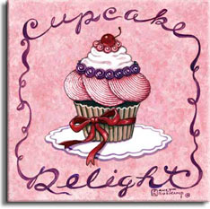 Cupcake Delight, one of a new series of cupcake posters by artist Janet Kruskamp. This bright pink poster features a fancy frosted cupcake sitting in the center on a white doily. A red ribbon is tied around the fluted cupcake paper on the bottom half of the cupcake. The top is heavily frosted beginning with huge striated pink swirls, a ring of blue berries separate the whiipped cream from the pink swirls. The delightful confection is topped off by a bright red cherry sitting on a ring of round, red balls. The fancy scrollwork border reads Cupcake on the top and Delight on the bottom. This original painting is available from the artist, Janet Kruskamp.