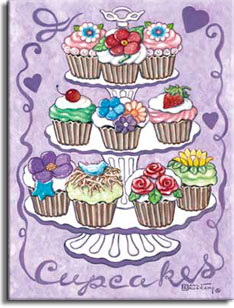 Cupcakes, a yummy new poster from painter Janet Kruskamp. The lavender poster features a triple layer dessert tray holding ten fancy cupcakes, four on the bottom level and three each on the center and top levels. Purple hearts and a scroll purple border with the word Cupcakes across the bottom frame this poster. The white fluted and scalloped holder with a small handle on top provide a white counterpoint to the brightly colored cupcake toppings. Red, purple and blue peonies, pink roses, yellow daisies, and white with blue center small flowers decorate the cupcakes in their paper wrappers. A delicious red strawberry, a shiny red cherry and a nesting bluebird round out the cupcake toppings. This marvelous poster is available from the artist Janet Kruskamp.