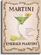 Emerald Martini, an original painting,  personally by the artist Janet Kruskamp showing a curved stem martini glass with a slice of lime, stirrer and lemon twist. The recipe for a emerald martini is written next to the glass.