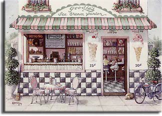 Goodies Ice Cream Parlor, a painting of an old-fashioned ice cream parlor with two children sitting on high stools at the counter inside and a dog curled up outside the front door, one of Janet Kruskamp's Paintings - Figure and Genre Gallery - original oil paintngs by Janet Kruskamp.