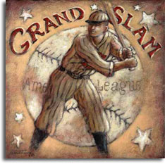 Grand Slam, a poster painting from Janet Kruskamp, evokes a time past in the American League. A ballplayer stands ready at the plate, his bat cocked and waiting for his pitch to drive out of the park. A worn baseball surrounded by a half a dozen white stars forms the background of this sepia toned painting. This painting is available for purchase as an acrylic on canvas painting by the artist Janet Kruskamp.
