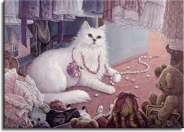 Hiding from Jessica, a painting by Janet Kruskamp depicting a fluffy white cat in the bottom of the little girl's closet playing with a broken play pearl necklace, draped in other necklaces and surrounded by dolls and teddy bears, part of the Cat Paintings Gallery  of original oil paintngs by Janet Kruskamp.