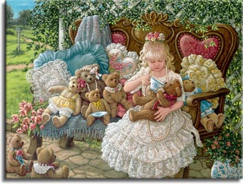 Hollys Bears, a painting of a young girl having a tea party with her teddy bears in the garden sitting on a wooden bench on pretty pillows, surrounded by her bears. One of Janet Kruskamp's Paintings - Figure and Genre Gallery - Original Oils and  Original Oil Paintings, by Janet Kruskamp