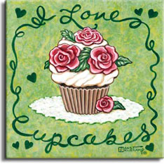 I Love Cupcakes is another poster from artist Janet Kruskamp in the Cupcakes series of posters. This rose themed cupcake sits on a light green background surrounded by a fancy dark green border. The border incorporates I Love across the top and Cupcakes along the bottom by beginning and ending the script lettering with extensions that become the side borders. The delicious cupcake is piled high with swirls of white icing, and topped with lovely pink roses and green leaves. The roses start in the center with a dark pink color that lightens to a very light pink as it gets to the outer edge of the petal. A small matching rose with tiny leaf sits against the bottom of the papered cupcake.