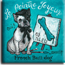 Le Peintre Joyeux, a whimsical poster painting by Janet Kruskamp, shows a black and white French bull dog sitting next to a short easel holding a wet painting of a blue bone titled OS BLEU. Two paint brushes lay on the ground, a beret and bow dress the bull dog. The light blue/green colored background features the words Le Peintre Joyeux in white arched across the top, the words French Bull dog in black across the bottom. Additionally, the word Oui! is to the left of the dog.  Lovers of the breed will love this new addition to Janet Kruskamp's original paintings, available directly from the artist.