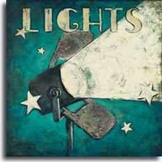 Lights, an original painting from the classic movie poster collection by artist Janet Kruskamp. The word LIGHTS is across the top in a vintage font, and the single light on top of a pole on the left side and angled slightly up, projecting a bright beam of light expanding out toward the top of the right side of the poster. Assorted stars sparkle on this weathered looking poster.