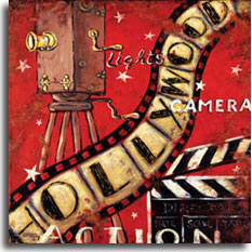 Lights, Camera, Action is an exciting part of the new vintage movie posters collection by Janet Kruskamp. This wonderful poster incorporates a number of items led off by the strip of motion picture film curving across from the lower left to the upper right corner. The word HOLLYWOOD is spelled out in black vintage letters inside the frames of the film. An early hand-cranked movie camera with brass fittings sits on a sturdy wooden four legged stand. A black and white clapper sits in the lower right corner ready to mark the beginning of the scene. The words LIGHTS, CAMERA, ACTION proceed down from the top of this vintage looking poster, each larger than the one above until ACTION is going across the bottom and onto the clapper. 