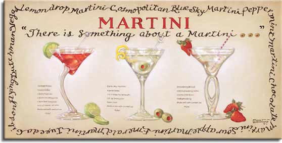 Martini Collection from Janet Kruskamp, an original painting by Janet Kruskamp, bordered by the names of different martinis and showing three unique martini glasses and the limes, olives and strawberries used in the drink's recipes.