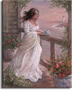 Janet Kruskamp's Morning Breeze, an original oil painting available as an Original Oil Painting in various sizes, personally by the artist. A beautiful woman, her dark hair moving in the coastal breeze, stands at the railing overlooking a lighthouse and the coastline, having her morning coffee. The muted colors of sunrise suffuse the scene with a warm light. Large flowerpots have perfect roses in bloom on either side of the woman. The arch over the handrail is framed in climbing green plants, and more small white flowers balance out the frame. Order your Original Oil Painting of this charming scene by Janet Kruskamp today