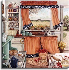 Pie Baking Day, an original oil painting by the artist Janet Kruskamp showing a kitchen scene with orange curtains trimmed with black and white checkers framing a half open window looking out to the fields. A tree stands outside the open kitchen door. All the necessary ingredients and utensils for baking apple pies are in use in this small kitchen. Apples are being peeled and cored on the table on the right. A flour crust is being rolled out after sifting with a wooden rolling pin. Two pies cool in the window sill above the sink, another sits on the pale green stove with a slice served up on a white plate accompanied by a cup of coffee from the blue enamel coffee pot. Shelves on the far wall hold preserved food and the family dishware. One of the Interiors and Exteriors Gallery by Janet Kruskamp.