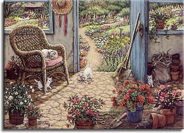 Potting Shed a painting of an outdoor shed with cobblestone floors is the perfect place to repot flowers and to raise a litter of kittens, by Janet Kruskamp. One of her Interior and Exterior Scenes Paintings Gallery of original oil paintngs by Janet Kruskamp.