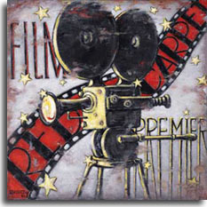 Red Carpet, a classic movie poster from artist Janet Kruskamp. One of a series of movie posters evoking the golden age of cinema, this weathered and aged poster splattered with golden stars features a vintage motion picture camera perched on the top of a portable four legged stand. Behind the camera twists sprocketed film with the words RED CARPET running bottom to top, left to right. The large word FILM appears behind the camera in the upper right, along with the elongated base of the word PREMIER in the lower right. A beautiful original acrylic on canvas painting by Janet Kruskamp.