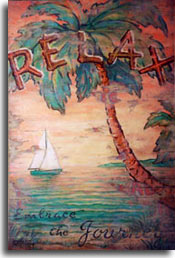 Relax, a colorful addition to the vintage travel posters for sale as original paintings by artist Janet Kruskamp. A colorful tropical sunset behind a green hulled, twin sailed boat in the colorful sea. A large palm curves out from the lower right up to the upper left, filling the top of the poster with palm leaves. Over which is emblazoned RELAX in large letters made of wood. Following up is the text: Embrace the Journey in black script along the bottom. The water laps up to the shore reflecting the setting sun, looking like a watery rainbow. Experience the rich colors for yourself with an original painting of your own.