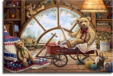 Remembering Yesterday, a painting of light coming through the attic window illuminating a wagon holding one teddy bear holding a sailboat, with two more teddy bears in the picture, with an antique radio on the shelf on the wall. One of the Janet Kruskamp Teddy Bear Gallery of Original Oil Paintings and  Original Oil Paintings by Janet Kruskamp
