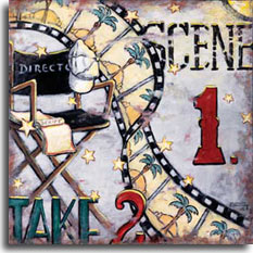 Scene 1, Take 2 is a wonderful addition to Janet Kruskamp's series of vintage movie posters. The delightfully busy poster represents the hectic life of the director, an open script sitting on the seat of the high director's folding chair, a white baseball cap hanging on the top post partially obscuring the word DIRECTOR across the canvas back of the black chair. A segment of motion picture film shoeing a tropical isle cascades behind the director's chair from the upper left corner, curving to the lower right. The gray weathered background incoroprates the title SCENE 1 and TAKE 2 balance right and lower left. Scene 1, Take 2 represents the very beginning of the movie process, only the second take of the movie on the first day of shooting.