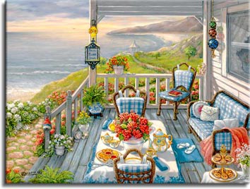 Sea Side Inn, another giclee from Janet Kruskamp. This painting shows the wooden porch of the Sea Side Inn, all set for for an early morning breakfast. A bright red vase of flowers sits in the middle of the crisp white with country blue flowered border tablecloth, with an ornamented coffee pot on one side, and the matching cream and sugar service on the other. Goodies are set on the main and side table, waiting for the hungry guests to arrive. A wonderful sunrise brings out the smooth curve of the bay, spotlighting a gazebo on a small rise along the shoreline. Steps lined with flower pots on either side lead down to a cobblestone path heading for the gazebo. Another fine art giclee, personally enhanced and then hand by the artist, Janet Kruskamp.