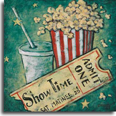 Showtime, a poster in the vintage movie poster collection by artist Janet Kruskamp, takes a nostalgic look at going to the movies for a Saturday matinee for a quarter. The red and white striped popcorn holder overflows with freshly popped popcorn and a soda cup sits alongside with straw through the plastic lid, ready to wash the popcorn down. Your showtime ticket completes the package with the bottom portion raggedly removed. This weathered looking poster is available from the artist. 