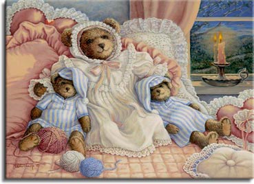 Sleepy Time Bears, a painting of a large bear with smaller ones on either side, all wearing nightgowns and hats for bed propped up by lace pillows. A candle is reflected in the bedroom window behind the bears. One of the Janet Kruskamp Teddy Bear Gallery of  Original Oil Paintings by Janet Kruskamp