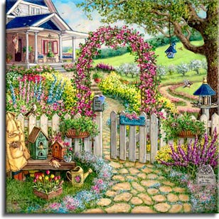 Spring Concert, a colorful painting by artist Janet Kruskamp presents an explosion of colored flowers in peak blossom. A cobblestone walkway curves up the little hill, through the worn white picket fence to the front porch of the old house. As you walk through the open gate and the pink arch of flowers above you, the flowers surround you with bright blossoms of all colors. Tall spears of bright bulbs sway amidst a sea of shorter flowers. A low bench outside the picket fence holds two birdhouses and the garden apron. Another fancy birdhouse sits on a white post just inside the fence, another hangs from the tree on the right. The hill that slopes up away from the house is bordered by trees in full white blossom. One of the Gardens and Florals gallery of paintings by Janet Kruskamp.