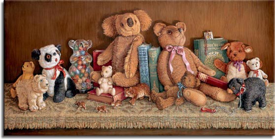 Teddy Bear Collection, a painting of a shelf full of different teddy bears and other bear figures, collectible teddy bears from the 20's to the 70's. One of the Janet Kruskamp Teddy Bear Gallery of Original Oil Paintings and  Original Oil Paintings by Janet Kruskamp