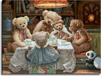 Teddy Bear Wear, a painting of Bentley Bear and his family seated on either a hat box or stacks of books, gathered around a small table covered in a lace cloth, set with a white china tea service. A small stuffed Panda bear looks on from the floor. One of the Janet Kruskamp Teddy Bear Gallery of Original Oil Paintings by Janet Kruskamp