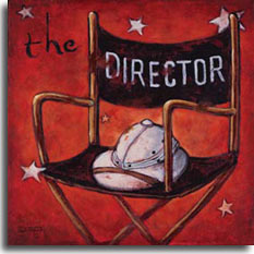 The Director, one of the vintage movie poster collection by artist Janet Kruskamp. Painted with a dark rich red background, this tribute to the vision behind Hollywood cinema is both simple and powerful. The director's chair with DIRECTOR across the back holds only the worn pith helmet of the classic Hollywood director. Often working with military precision, some of the early directors acted like field marshals, commanding respect and immediate action. Some of these directors have themselves been the subject of the cinema, showing up in cameo roles or portrayed in thinly veiled characters.
