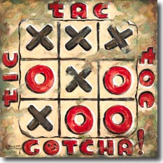 Tic Tac Toe, another original painting available from Janet Kruskamp Studios. The simple child's game is immortalized in this wonderful painting featuring a tic tac toe game of black exes and red ohs, bordered on the top three sides by tic tac toe, with GOTCHA! across the bottom. The game grid's corners look like they could lift off to start a fresh game, the upper corner is worn down to the metal, matching other areas that look extremely worn. This painting is available for purchase as an  acrylic on canvas painting by the artist Janet Kruskamp.