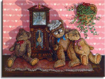 Time Out, a painting of three bears leaning comfortably against a small pendulum clock. On the soft pink heart patterned wall behind is a heart shaped wicker planter holding a healthy green plant. One of the Janet Kruskamp Teddy Bear Gallery of  Original Oil Paintings by Janet Kruskamp