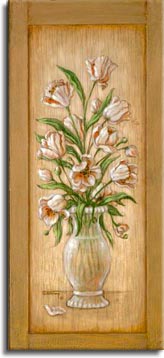 Janet Kruskamp's Paintings - Tulip Cupboard, an original oil painting on an antique cupboard of an elegant vase holding an arrangement of tulips. One of the Gardens and Florals Gallery of Original Oil Paintings and  original paintings by Janet Kruskamp