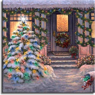 Welcome to Christmas, a wintery painting by artist Janet Kruskamp. The warm glow of a winter sunset suffuses this festive scene. The snowclad pine tree in the yard is festooned with small colorful lights, and sparkling lights are wound around the porch pillars and scalloped along the roof under the short icicles. The short snowy path leads to the porch steps past the chilly mailbox stuffed with last minute presents. A cheerful wreath on the front door and a Welcome mat invite you in to the warm light behind the windows. One of the Interiors and Exteriors Gallery paintings by Janet Kruskamp.