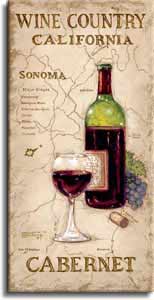 Wine Country II, a giclee , personally enhanced and by the artist Janet Kruskamp featuring an uncorked bottle and glass of Cabernet wine with a bunch of dark colored Cabernet Grapes. The background is an antique looking map of the Sonoma wine country in California.  